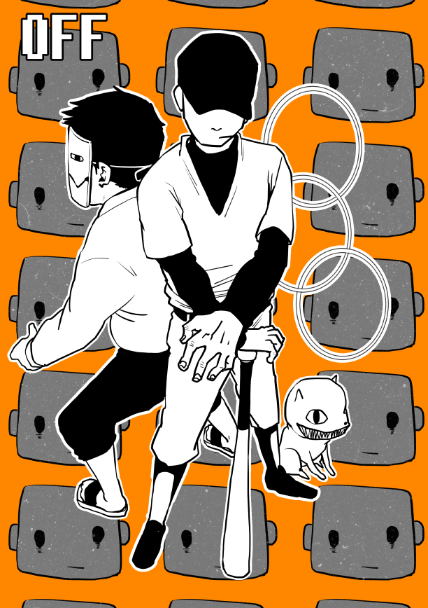 2boys baseball_bat baseball_uniform capri_pants cat copyright_name elsen_(off) hat_over_eyes jewelry male_focus mask monochrome multiple_boys off_(game) orange_background pants ring sandals sportswear sweater the_batter_(off) the_judge_(off) zacharie_(off)