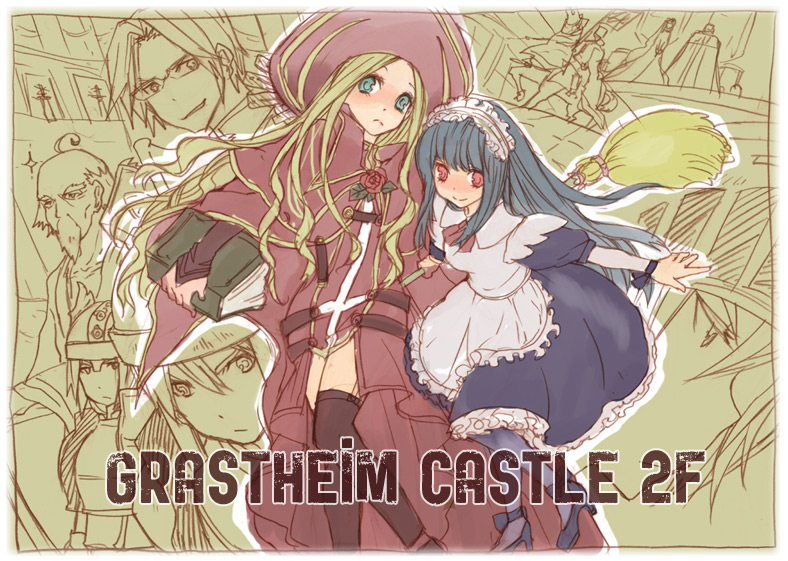 2girls 6+boys abysmal_knight ahoge alice_(ragnarok_online) bad_id beard black_dress blonde_hair blue_eyes blue_hair book broom closed_mouth dark_priest_(ragnarok_online) dress english_text engrish_text facial_hair frilled_dress frills full_body glasses hat helmet holding holding_book holding_broom humanization lala_(sputnik) long_hair looking_at_viewer maid maid_headdress multiple_boys multiple_girls ragnarok_online ranguage raydric raydric_archer red_dress red_eyes red_hat smile wander_man