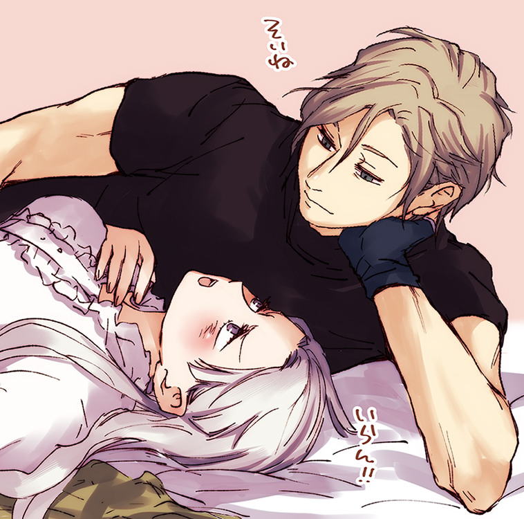 1boy 1girl bed black_shirt breasts brown_hair chris_lightfellow closed_mouth commentary_request gensou_suikoden gensou_suikoden_iii jacket long_hair nash_latkje ruruo_(p76) shirt short_hair silver_hair smile