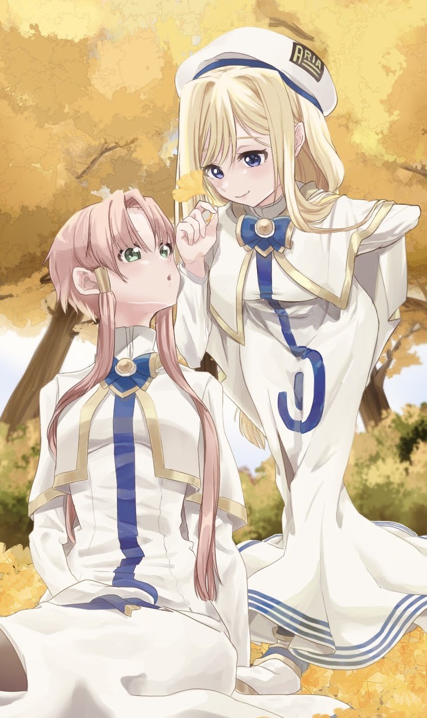 2girls alicia_florence aogirism aria_(manga) aria_company_uniform autumn_leaves beret blonde_hair blue_bow blue_bowtie blue_ribbon blush bow bowtie breasts brown_pantyhose capelet dress eyelashes feet_out_of_frame gold_trim hand_up hat hat_ribbon highres holding impossible_clothes impossible_dress leaf leaning_forward long_hair long_sleeves looking_at_another mizunashi_akari multiple_girls on_ground open_mouth pantyhose parted_bangs pink_hair print_dress ribbon short_hair_with_long_locks side_slit sidelocks sitting small_breasts smile standing tree unworn_headwear very_long_hair white_capelet white_headwear