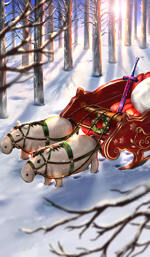 animal_request bare_tree christmas christmas_wreath commentary excalibur_morgan_(fate) fate/grand_order fate_(series) footprints lasengle lens_flare no_humans official_art reins sleigh snow sun third-party_source tree white_background wreath