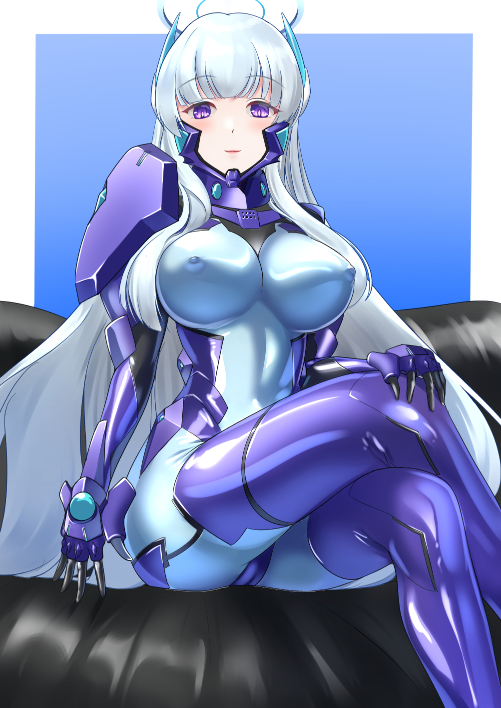 1girl armored_bodysuit blue_archive blue_bodysuit bodysuit breasts covered_erect_nipples covered_navel fortified_suit grey_hair halo highres impossible_bodysuit impossible_clothes latex latex_bodysuit long_hair looking_at_viewer mecha_pilot_suit mechanical_halo muv-luv noa_(blue_archive) purple_eyes shiny_clothes skin_tight smile wata_nuki white_halo