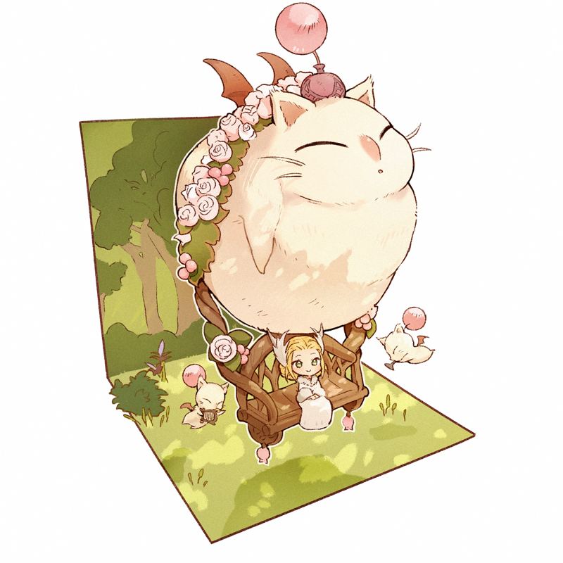 1girl bat_wings bench blonde_hair closed_eyes creature final_fantasy final_fantasy_xiv flower from_above grass green_eyes holding holding_instrument horns instrument kan-e-senna leaf lyre moogle mugi_kosuta outdoors padjal pink_flower pink_rose robe rose short_hair sitting smile tree trumpet whiskers white_robe wings