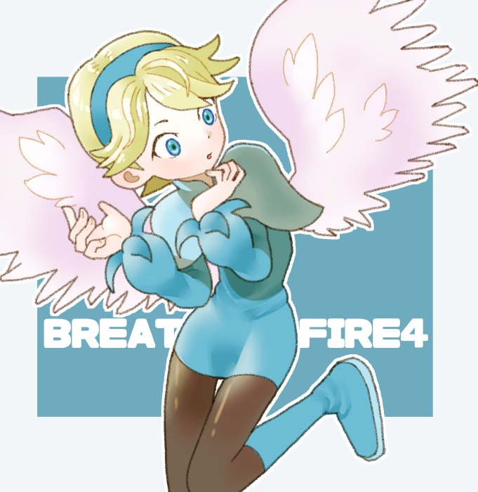 1girl blonde_hair blue_boots blue_dress blue_eyes blue_hairband boots breath_of_fire breath_of_fire_iv brown_pantyhose copyright_name dress feathered_wings hairband long_sleeves nina_(breath_of_fire_iv) open_mouth outline pantyhose puffy_long_sleeves puffy_sleeves short_dress sicky_(pit-bull) solo white_outline white_wings wings