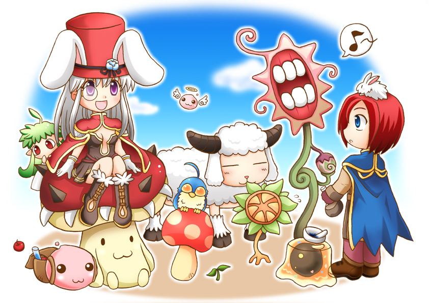 1boy 2girls :3 :d alchemist_(ragnarok_online) amistr_(ragnarok_online) angeling animal_ears apple bird blue_bird blue_cape blue_eyes boots breasts brown_boots brown_dress brown_gloves cape chibi chibi_only cleavage commentary_request creator_(ragnarok_online) creature dress fake_animal_ears filir_(ragnarok_online) flora_(ragnarok_online) flower food fruit full_body fur-trimmed_boots fur_trim geographer_(ragnarok_online) gloves green_hair hat lif_(ragnarok_online) long_hair long_sleeves looking_at_another lunatic_(ragnarok_online) medium_breasts meruya_(catcan) monocle mortar_(bowl) multiple_girls mushroom musical_note open_mouth pestle plunging_neckline poring purple_eyes rabbit rabbit_ears ragnarok_online red_cape red_eyes red_hair red_hat sheep sitting smile spoken_musical_note spore_(ragnarok_online) top_hat vanilmirth_(ragnarok_online) white_gloves