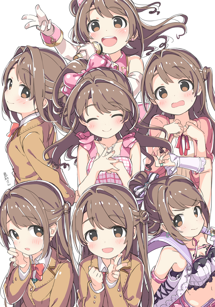 1girl arm_up armband arms_behind_back bare_arms bare_shoulders blush bow bowtie breasts brown_cardigan brown_eyes brown_hair cardigan character_name cleavage clenched_hand closed_eyes collar cropped_shirt detached_sleeves dress dress_shirt earrings facing_ahead facing_viewer floating_hair frilled_shirt frills from_side hair_bow hair_bun hands_on_own_chest hands_up happy heart heart_earrings holding holding_microphone idol idolmaster idolmaster_cinderella_girls jewelry kuresuku_(lessons) long_hair long_sleeves looking_at_viewer microphone midriff multiple_views navel no_pupils one_side_up pink_bow pink_dress pink_shirt plaid_clothes plaid_dress polka_dot polka_dot_bow red_bow red_bowtie ring school_uniform shimamura_uzuki shirt simple_background single_side_bun sleeveless sleeveless_dress sleeveless_shirt smile standing straight_hair surprised sweatdrop teeth upper_body upper_teeth_only v v-shaped_eyebrows white_background white_bow white_collar white_shirt white_sleeves worried wrist_cuffs