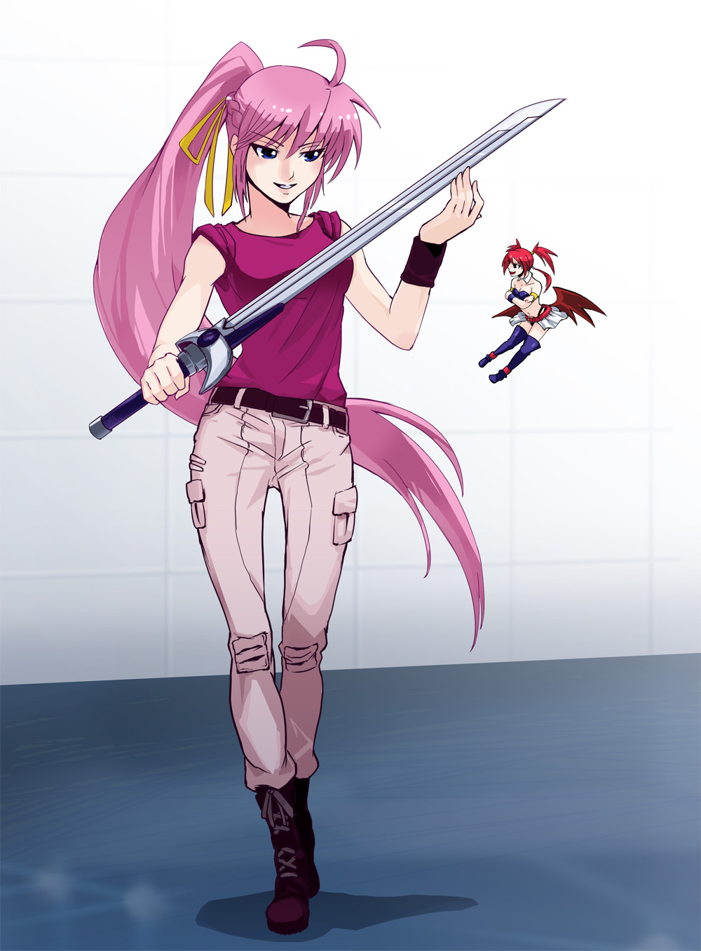 00s 2girls agito_(nanoha) ahoge armband bat_wings belt blue_eyes boots bracelet breasts cargo_pants casual chica_(moonflash09) cleavage crossed_arms demon_wings detached_collar hair_ribbon highres jewelry laevatein_(nanoha) long_hair lyrical_nanoha magical_girl mahou_shoujo_lyrical_nanoha mahou_shoujo_lyrical_nanoha_a&#039;s mahou_shoujo_lyrical_nanoha_strikers mini_person minigirl multiple_girls pants pink_hair quad_tails red_hair ribbon short_hair signum skirt sleeves_rolled_up smile sword thigh_boots thigh_gap thighhighs very_long_hair weapon wings wristband