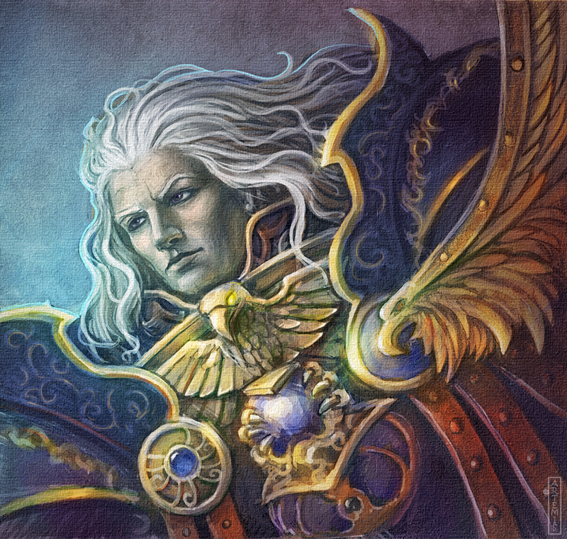 1boy armor artist_name blue_eyes breastplate closed_mouth commentary emperor&#039;s_children english_commentary fulgrim long_hair male_focus noldofinve pauldrons power_armor primarch purple_eyes shoulder_armor signature solo traditional_media upper_body warhammer_40k white_hair