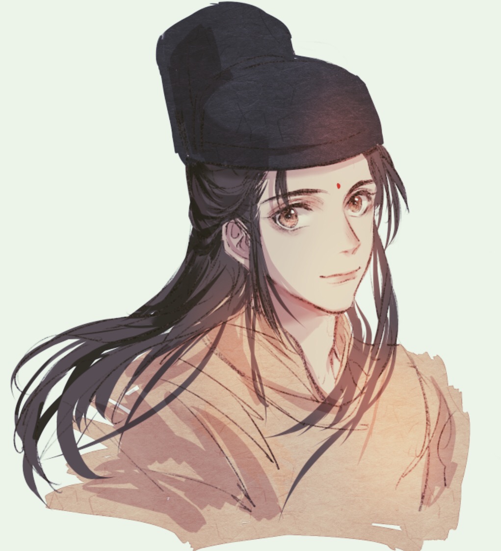 1boy bacteriashintaro black_hat brown_eyes brown_hair chinese_clothes chinese_commentary closed_mouth hanfu hat huadian jin_(headwear) jin_guangyao long_hair looking_at_viewer male_focus modao_zushi simple_background smile solo tang_jin_(headwear) white_background yellow_hanfu