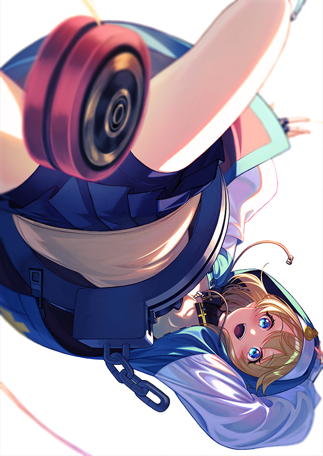 1boy :d androgyne_symbol arm_up bike_shorts bike_shorts_under_skirt black_skirt blonde_hair blue_jacket blush bridget_(guilty_gear) commentary convenient_censoring cuffs drawstring fingerless_gloves floating gloves green_eyes guilty_gear guilty_gear_strive hair_between_eyes handcuffs hood hood_up hooded_jacket jacket long_hair long_sleeves looking_at_viewer male_focus open_mouth pleated_skirt shirt sidelocks simple_background skirt smile solo teeth trap unowen upper_teeth_only upside-down white_background white_gloves white_sleeves yellow_shirt yo-yo