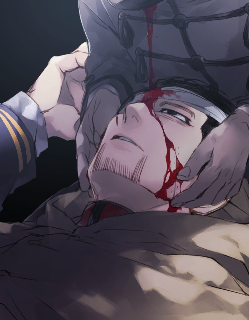 2boys bandage_over_one_eye black_background black_eyes black_hair bleeding blood blood_on_face brown_cloak cloak facial_hair facial_scar goatee golden_kamuy hanazawa_yusaku hands_on_another&#039;s_head head_out_of_frame highres lap_pillow long_sleeves looking_at_another looking_up male_focus military military_uniform multiple_boys ogata_hyakunosuke one_eye_covered oziozi_kamuy scar scar_on_cheek scar_on_face short_hair simple_background