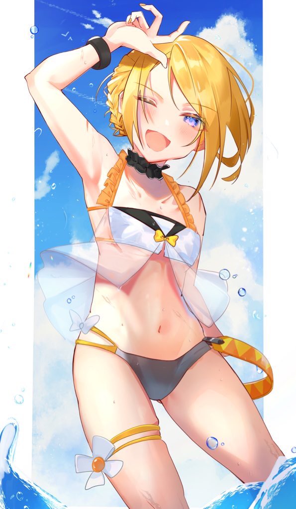1girl adapted_costume aged_up alternate_hairstyle arm_up asymmetrical_clothes asymmetrical_hair bikini blonde_hair blue_eyes braid breasts choker frilled_bikini frilled_choker frills from_below gluteal_fold inubangarou kagamine_rin looking_at_viewer navel open_mouth outside_border see-through_clothes side_braid sky smile solo swept_bangs swimsuit thigh_strap vocaloid water