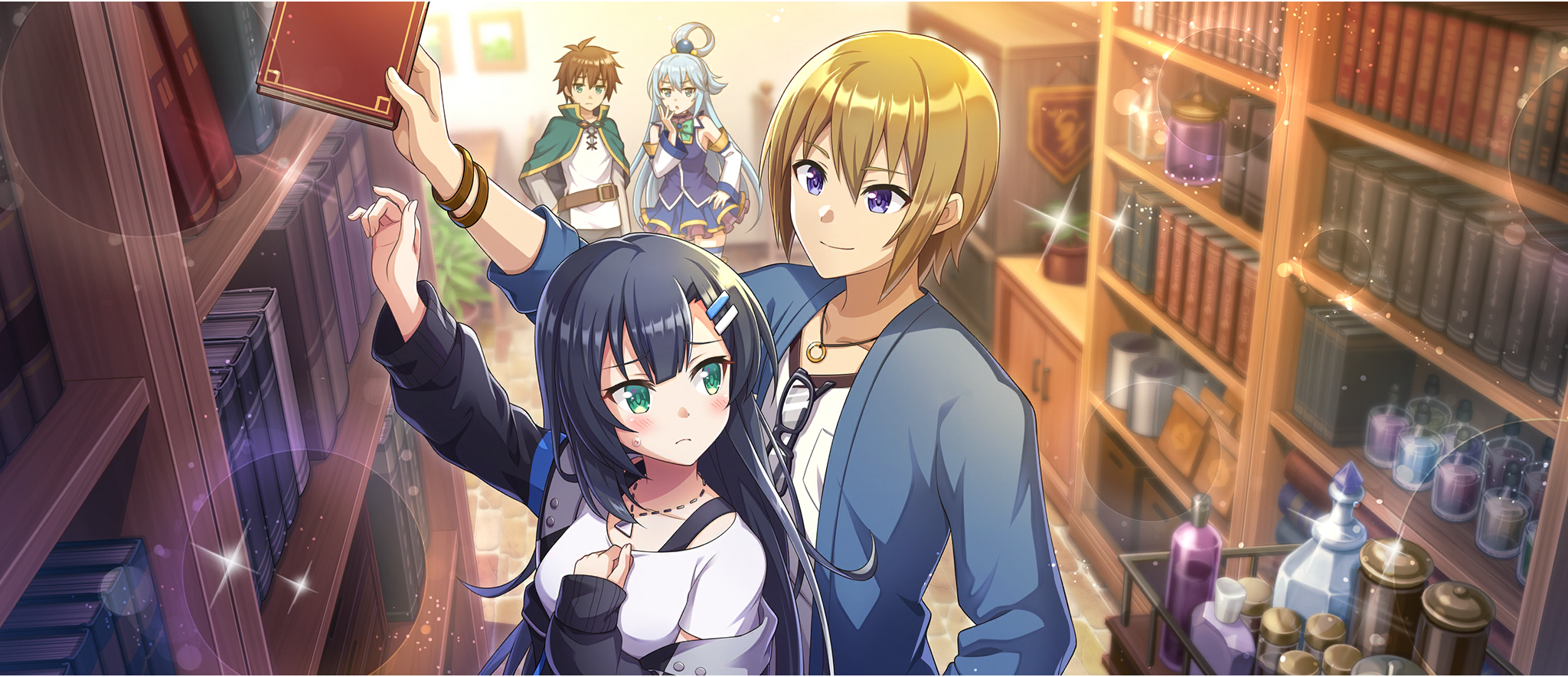 2boys 2girls aqua_(konosuba) arm_up belt black_hair black_jacket blue_eyes blue_hair blue_jacket blue_shirt blue_skirt blush book bookshelf bow bowtie bracelet breasts brown_belt brown_hair cape closed_mouth collar collarbone detached_sleeves eyewear_hang from_above furrowed_brow game_cg green_bow green_bowtie green_cape green_eyes hair_between_eyes hair_ornament hair_rings hairclip hand_on_own_chest highres holding holding_book indoors jacket jacket_partially_removed jewelry jitome kono_subarashii_sekai_ni_shukufuku_wo! konosuba!_fantastic_days lia_(konosuba) light_smile long_hair looking_at_another looking_back medium_breasts miniskirt mitsurugi_kyouya multiple_boys multiple_girls necklace official_alternate_costume official_art open_clothes open_jacket parted_bangs ring ring_necklace satou_kazuma shirt short_hair single_hair_ring skirt sleeveless sleeveless_shirt standing sweatdrop t-shirt unworn_eyewear white_collar white_shirt white_sleeves