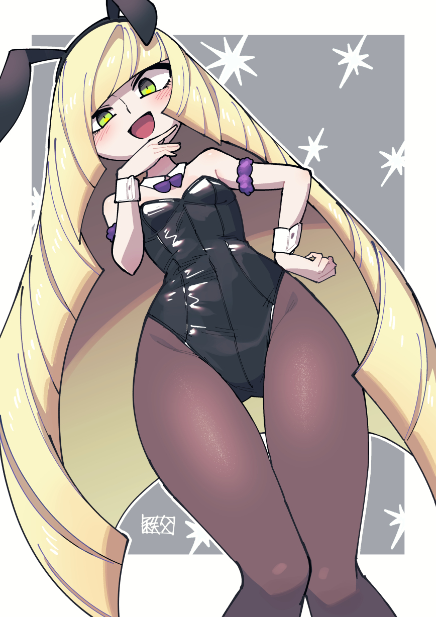 1girl alternate_costume animal_ears black_leotard blonde_hair blush breasts chichibu_(watson) commentary_request detached_collar dress fake_animal_ears gluteal_fold green_eyes hair_over_one_eye hand_on_own_chin hand_on_own_hip highres leotard long_hair lusamine_(pokemon) mature_female nintendo open_mouth pantyhose pokemon pokemon_sm rabbit_ears small_breasts smile strapless strapless_leotard very_long_hair wrist_cuffs