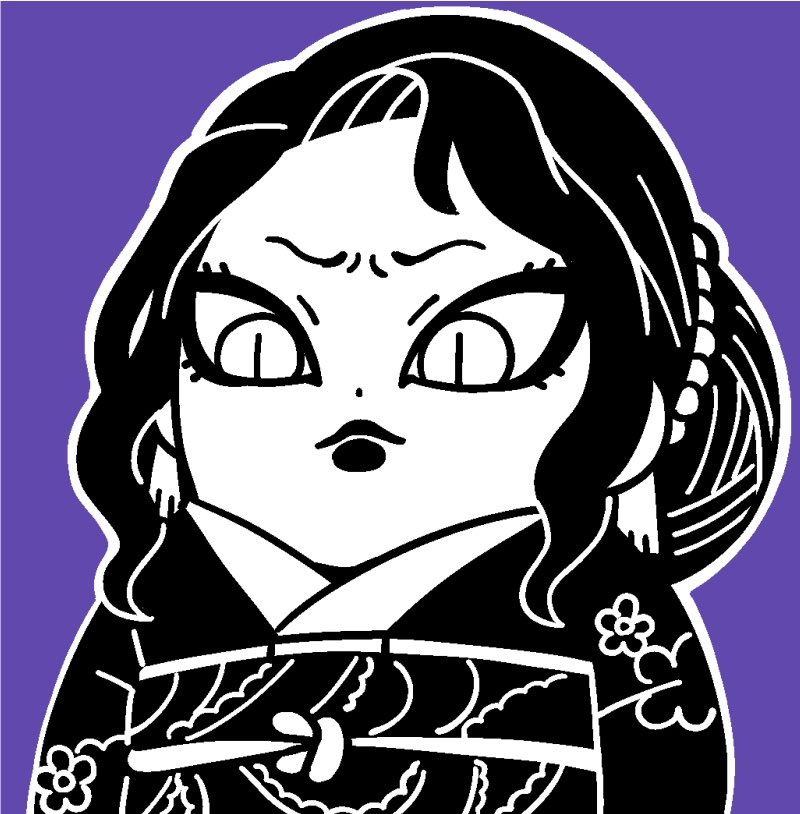 1girl arms_at_sides bkub chibi chibi_only eyelashes floral_print floral_print_kimono greyscale_with_colored_background japanese_clothes kibutsuji_muzan kibutsuji_muzan_(female) kimetsu_no_yaiba kimono lips long_hair obi obijime print_kimono purple_background sash simple_background slit_pupils solo tassel tsurime