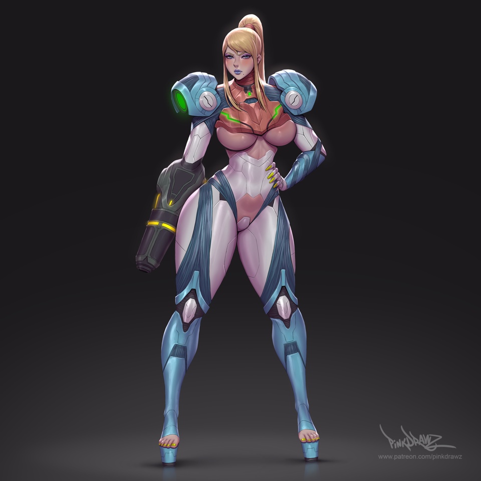 arm_cannon armor battle_suit battlesuit bikini_armor blonde_hair blue_lips blush body_armor bodysuit breasts cannon cleavage cleavage_cutout clothing_cutout crotch_cutout crotch_plate energy_cannon eyeliner feet fingernails gun hand_on_own_hip high_heels high_ponytail large_breasts lipstick long_fingernails makeup mecha_pilot_suit metroid metroid_dread mole mole_under_mouth nail_(hardware) nail_polish nintendo no_bra no_panties normal_suit_(metroid) pinkdrawz platform_footwear platform_heels plugsuit_(evangelion) ponytail power_suit_(metroid) revealing_clothes rocket_launcher samus_aran scared skin_tight solo swept_bangs thick_thighs thighs toeless_footwear toenail_polish toenails toes underboob underboob_cutout weapon wide_hips