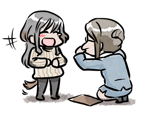 2girls ^^^ aged_down animal_ears blush brown_hair dog_ears dog_tail elizabeth_f._beurling envelope formal_clothes glasses hair_up hakkinen hands_on_own_face holding kneeling laughing lowres making_faces military military_uniform mukiki multiple_girls open_mouth pantyhose paper papers ribbed_sweater scared short_hair simple_background skirt strike_witches strike_witches:_suomus_misfits_squadron suit sweater tail tail_wagging walking_backwards white_background world_witches_series