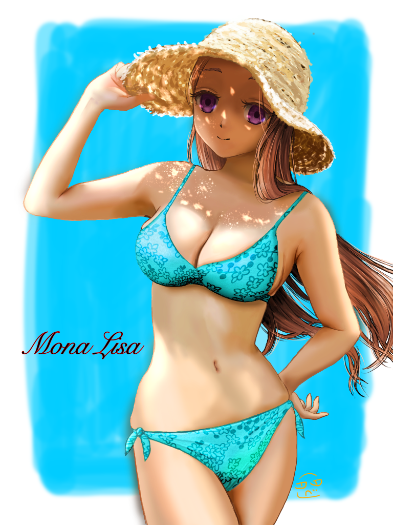 1girl alternate_costume bikini blue_bikini brown_hair floral_print floral_print_bikini grimms_notes mona_lisa_(grimms_notes) side-tie_bikini_bottom solo swimsuit tokurikibebeso