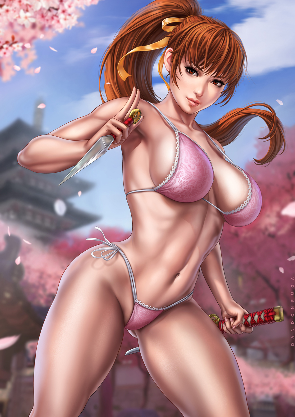 1girl artist_name bikini blue_sky blurry blurry_background bow breasts brown_eyes brown_hair cherry_blossoms closed_mouth cloud cloudy_sky collarbone commentary dandon_fuga day dead_or_alive female_focus fingernails gluteal_fold hair_ribbon highleg highleg_bikini highres holding holding_knife holding_sword holding_weapon kasumi_(doa) knife kodachi kunai lips long_hair matching_hair/eyes medium_breasts midriff navel ninja outdoors petals pink_bikini pinup_(style) ponytail reverse_grip ribbon short_sleeves short_sword side-tie_bikini_bottom simple_background sky smile solo standing stomach strap_gap swimsuit sword thighs toned toned_female weapon yellow_ribbon