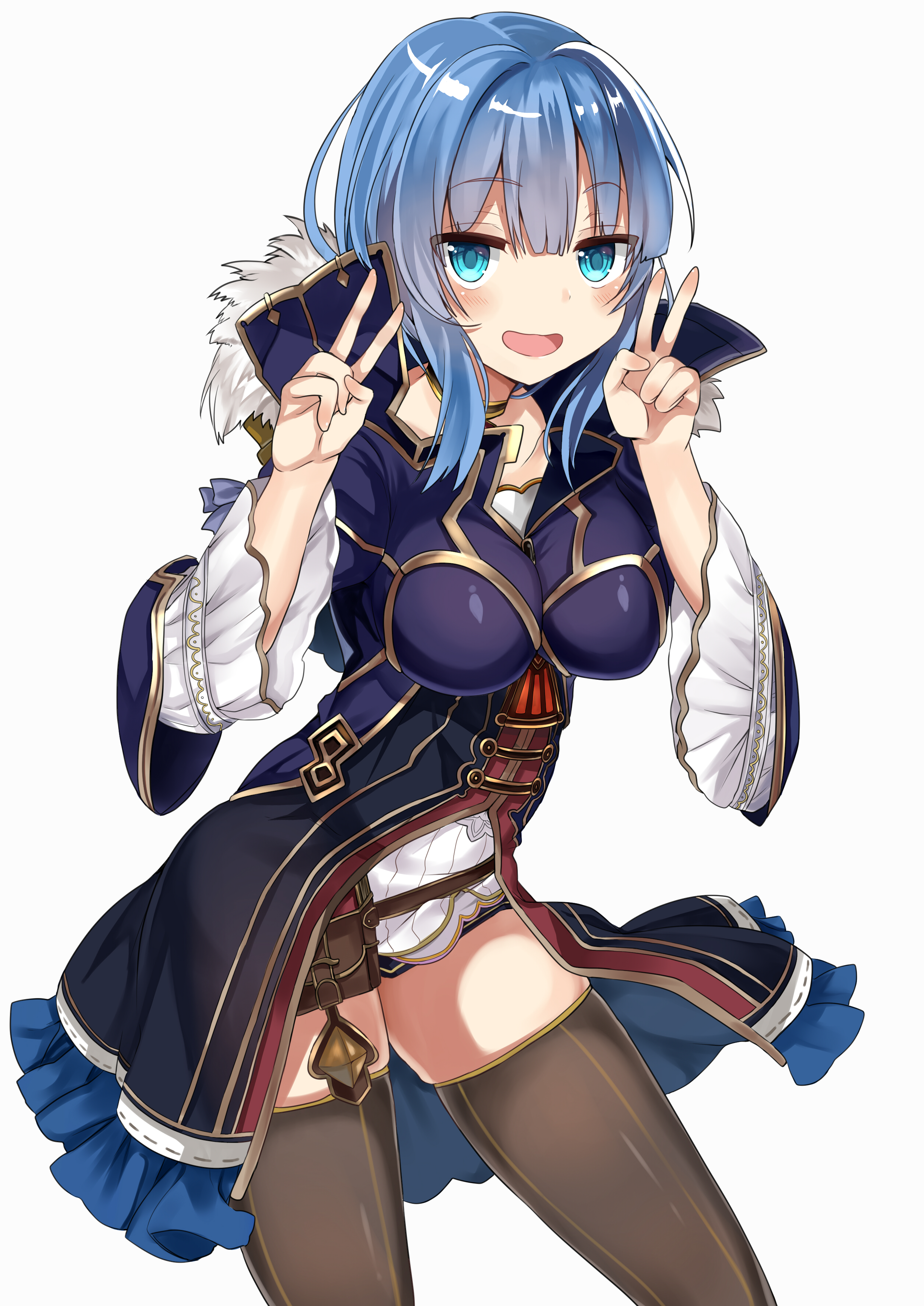 1girl absurdres blue_eyes blue_hair blush breasts brown_thighhighs collarbone double_v dress fam_(grimms_notes) female_focus frilled_cloak frilled_dress frilled_skirt frills grimms_notes highres large_breasts looking_at_viewer open_mouth retsuto skirt smile solo thighhighs thighs v