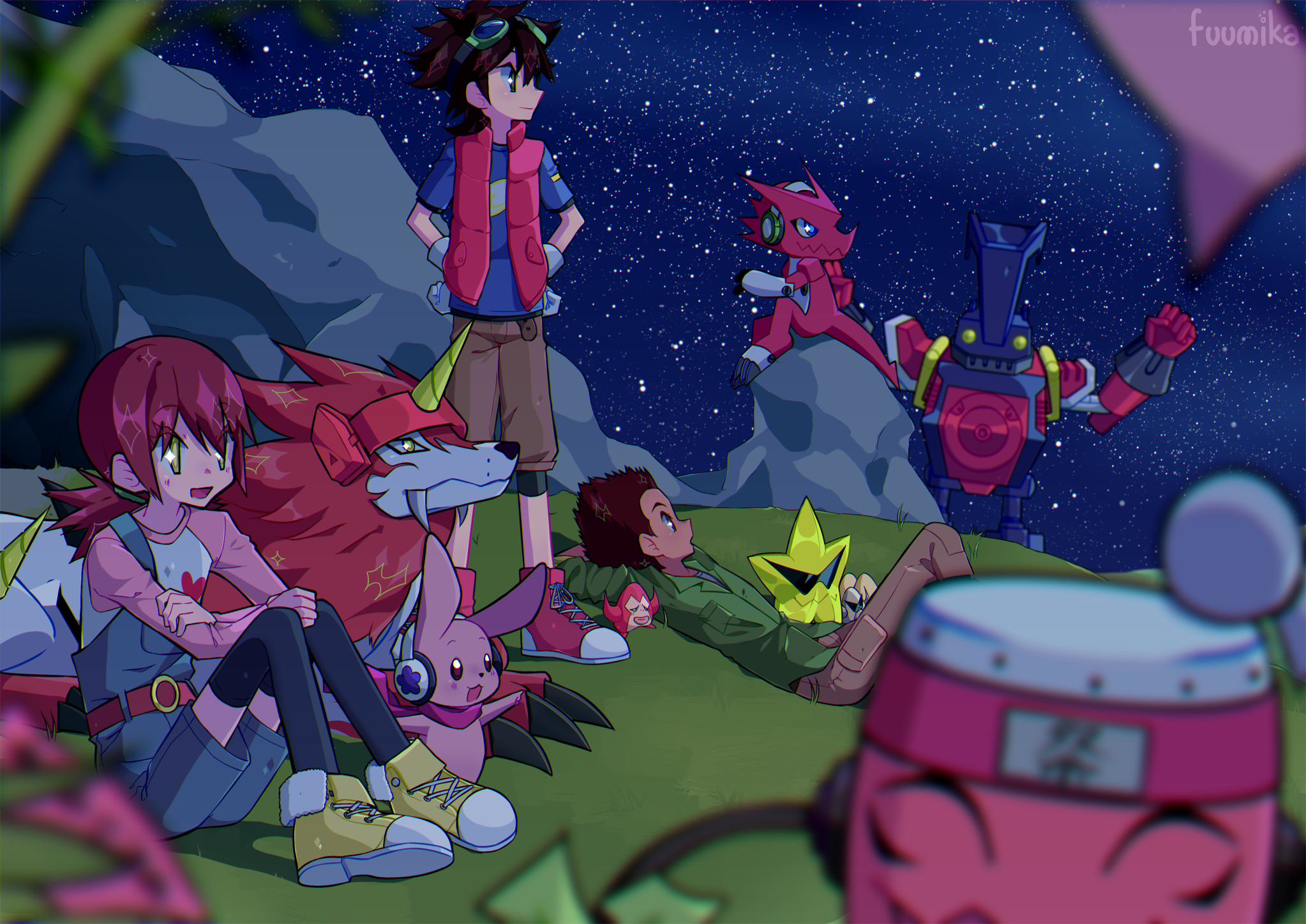 ballistamon cutemon digimon digimon_xros_wars dondokomon dorulumon highres hinomoto_akari kudou_taiki night pickmon shoutmon starmon_(digimon_xros_wars) tagme tsurugi_zenjirou