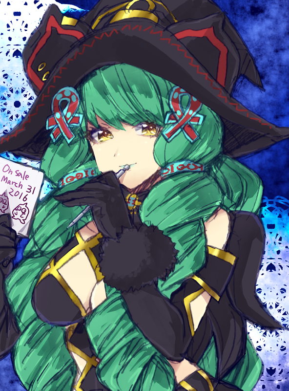 1girl argyle_clothes argyle_cutout black_gloves breasts closed_mouth clothing_cutout drill_hair elbow_gloves fiore_brunelli gloves green_hair hair_ornament hat large_breasts long_hair looking_at_viewer makeup murata_tefu revealing_clothes smile solo star_ocean star_ocean_integrity_and_faithlessness twin_drills witch_hat yellow_eyes