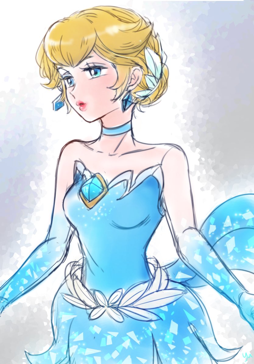 1girl :d agua_mp ahoge bare_shoulders blonde_hair blue_dress blue_eyes blue_footwear blue_gloves blue_pantyhose breasts cleavage commentary diamond_earrings dress earrings elbow_gloves eyelashes figure_skater_peach figure_skating figure_skating_dress from_side gloves gradient_legwear happy ice_skates ice_skating jewelry mario_(series) nintendo official_alternate_costume official_alternate_hairstyle open_mouth pantyhose princess_peach princess_peach:_showtime! short_dress short_hair skates skating smile snowflakes solo strapless strapless_dress upper_body