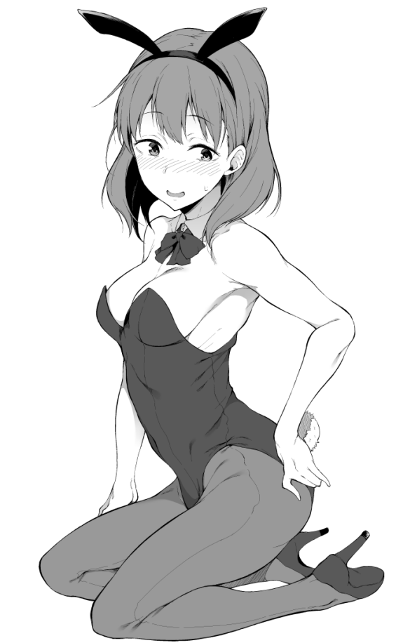 10s 1girl animal_ears bare_shoulders blush breasts detached_collar fake_animal_ears female_focus full_body greyscale hairband high_heels idolmaster idolmaster_cinderella_girls leotard medium_breasts monochrome pantyhose playboy_bunny rabbit_ears sakuma_mayu short_hair sideboob simple_background sitting smile solo spirytus_tarou white_background
