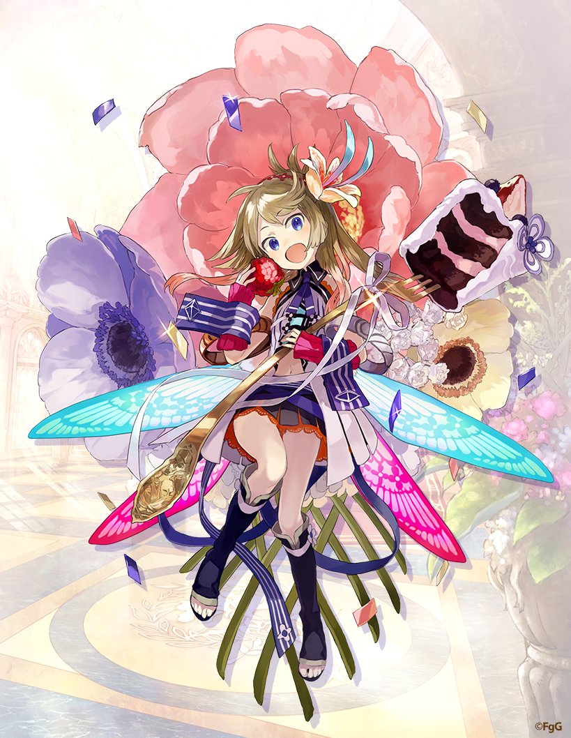 1girl :d blonde_hair blue_eyes boots cake commentary_request confetti copyright_notice dulyn fairy fairy_wings flower food fork fruit full_body hair_flower hair_ornament holding holding_food holding_fork holding_fruit long_hair looking_at_viewer midriff miniskirt official_art open-toe_boots open_mouth oversized_fork phantom_of_the_kill second-party_source skirt smile solo watarubou wings