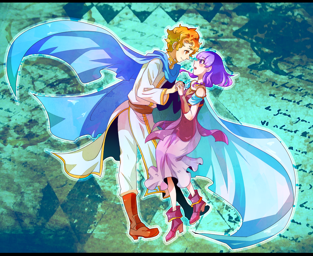1boy 1girl :o artur_(fire_emblem) blue_cape blush cape eye_contact fire_emblem fire_emblem:_the_sacred_stones hachimaru_(ediciusa) hetero holding_hands looking_at_another lute_(fire_emblem) medium_hair nintendo orange_eyes orange_hair pants purple_eyes purple_footwear purple_hair red_footwear robe smile white_pants