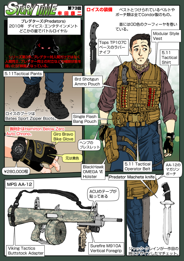 12-gauge 2boys aa-12 alien ammunition automatic_shotgun bulletproof_vest combat_shotgun drum_magazine english_text fingerless_gloves gloves gun high-capacity_magazine japanese_text jungle knife machete magazine_(weapon) mercenary military military_police_systems monster monster_boy multiple_boys muta_koji nature polymer-cased_ammunition predator_(character) predator_(series) predators_(2010) royce_(predator) shotgun shotgun_shell silhouette space_monster story_time_(muta_koji) translation_request vest watch weapon weapon_focus weapon_name weapon_profile