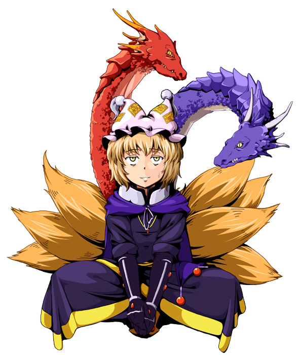 1girl aka_ringo animal_hat ashton_anchors ashton_anchors_(cosplay) azuma_shoujuan blonde_hair closed_mouth cosplay crossover dragon expressionless female_focus fox_tail hat jitome long_sleeves looking_at_viewer mob_cap monster multiple_tails parody mob_cap scales sitting solo spread_legs star_ocean star_ocean_ex star_ocean_the_second_story sweatdrop tail touhou white_background wide-eyed yakumo_ran