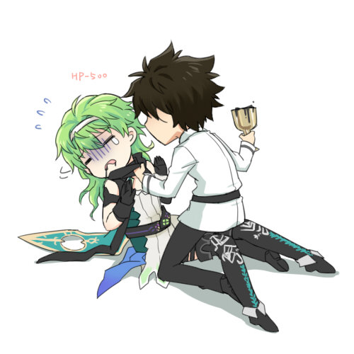 2boys black_hair chalice cup david_(fate) david_(fate/apocrypha) david_(third_ascension)_(fate) drooling fate/grand_order fate_(series) flying_sweatdrops fujimaru_ritsuka_(male) green_hair long_hair lowres multiple_boys quanna simple_background white_background