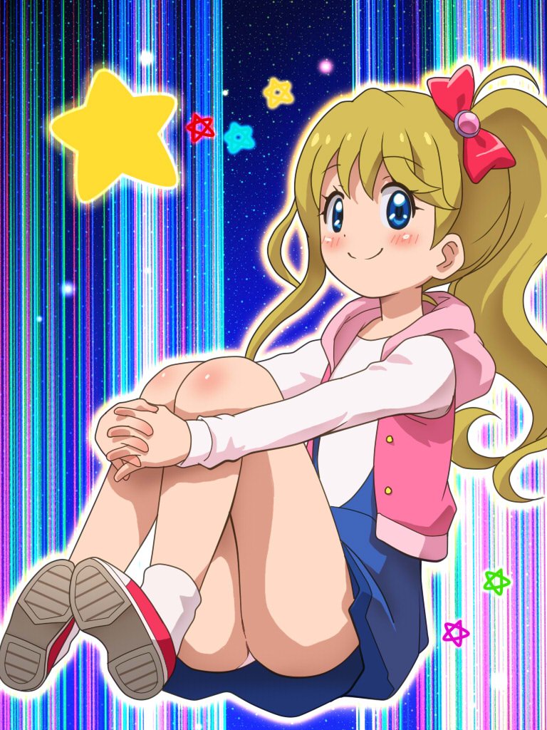 1girl awa blonde_hair blue_eyes blush closed_mouth dress full_body hair_ornament hoshinogawa_haruka kirakira_happy_hirake!_cocotama legs long_hair looking_at_viewer panties ponytail skirt smile solo star_(symbol) underwear