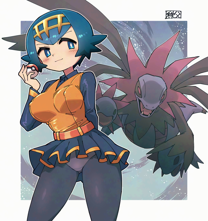 1girl ace_trainer_(female)_(pokemon_bw) ace_trainer_(pokemon) ace_trainer_(pokemon)_(cosplay) alternate_breast_size belt blue_eyes blue_hair blush bright_pupils chichibu_(watson) closed_mouth collared_shirt commentary_request cosplay gen_5_pokemon hairband hand_up holding holding_poke_ball hydreigon lana_(pokemon) long_sleeves nintendo no_sclera orange_vest panties_visible_through_clothes pantyhose pleated_skirt poke_ball poke_ball_(basic) pokemon pokemon_bw pokemon_sm shirt short_hair signature skirt smile vest white_pupils yellow_hairband