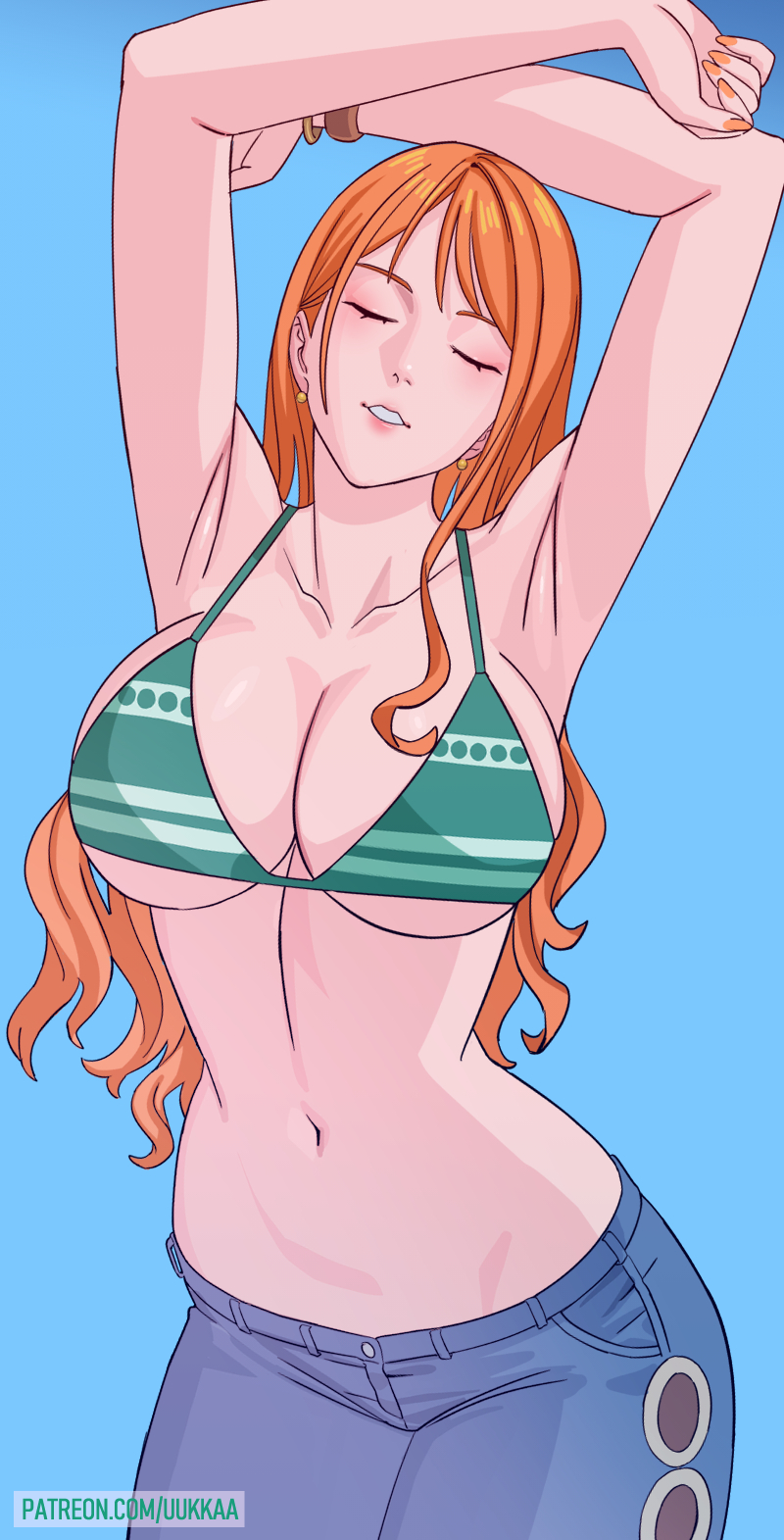 1girl armpits arms_up bangle bare_shoulders bikini bikini_top_only blue_background blue_pants bracelet breasts cleavage closed_eyes collarbone cowboy_shot denim earrings facing_viewer gold_earrings green_bikini halterneck highres jeans jewelry large_breasts long_hair midriff nail_polish nami_(one_piece) narrow_waist navel one_piece orange_hair orange_nails paid_reward_available pants parted_lips patreon_username pearl_earrings pink_lips single_sidelock solo stomach swimsuit uukkaa wavy_hair