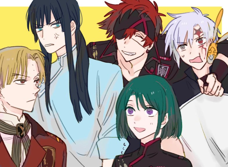 1girl 1other 4boys allen_walker annoyed badge black_coat black_gloves black_headband black_order_uniform blonde_hair blue_eyes blue_hair blue_jacket blue_shirt bob_cut brown_ribbon closed_eyes coat collared_coat collared_jacket creature cross d.gray-man earrings elbow_gloves eyepatch facial_mark fingerless_gloves forehead_mark gloves golem_(d.gray-man) green_hair grey_eyes grin hair_between_eyes hair_over_shoulder hand_on_another&#039;s_shoulder headband heterochromia hoop_earrings howard_link jacket jewelry kanda_yuu lavi lenalee_lee long_hair looking_at_another low_ponytail military military_uniform multicolored_jacket multiple_boys oilon one_eye_covered open_mouth ponytail purple_eyes red_coat red_eyes red_hair red_stripes ribbon scar scar_on_face shirt short_hair sidelocks smile star_(symbol) star_facial_mark striped_coat striped_headband sweatdrop timcanpy two-tone_jacket white_hair white_jacket white_shirt wings yellow_background