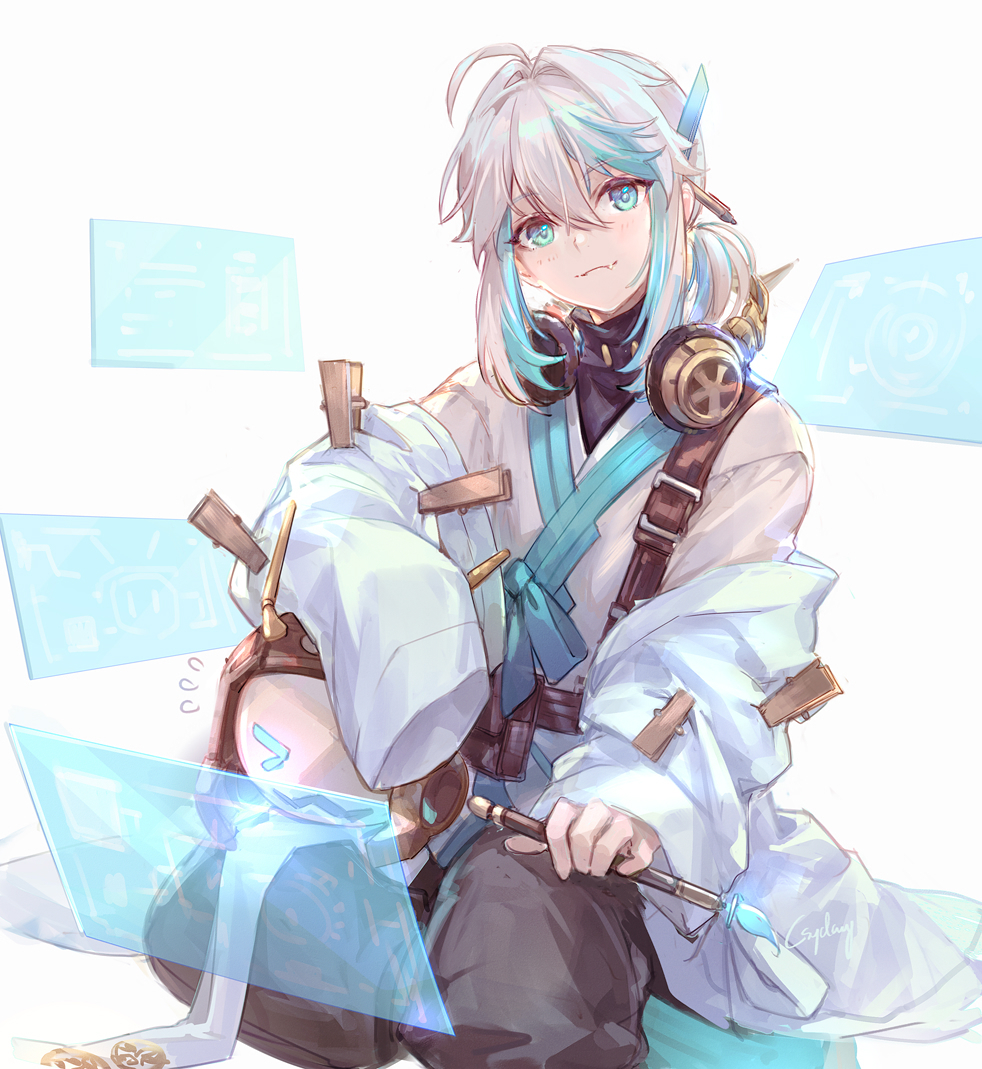 1boy black_pants black_shirt blue_eyes blue_hair csyday dungeon_and_fighter hauts-de-louis_(dungeon_and_fighter) headphones headphones_around_neck holographic_interface long_sleeves looking_at_viewer medium_hair multicolored_hair pants ponytail robe shirt short_ponytail simple_background solo streaked_hair two-tone_hair white_background white_hair white_robe