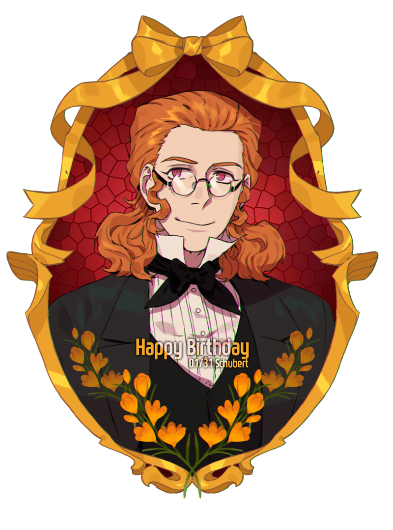 1boy black_bow black_bowtie black_jacket bow bowtie brown_hair buttons character_name classicaloid closed_mouth commentary_request flower forehead franz_schubert_(classicaloid) glasses happy_birthday jacket looking_at_viewer orange_flower pink_eyes portrait ringed_eyes sf_jd shirt transparent_background wavy_hair white_shirt