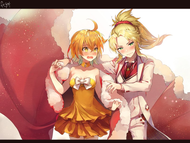 2girls ahoge alternate_costume blonde_hair blush breasts cape cleavage commentary_request dress fate/grand_order fate_(series) formal_clothes ft_yut fujimaru_ritsuka_(female) fujimaru_ritsuka_(female)_(starlight_fest) green_eyes long_sleeves looking_at_another mordred_(fate) mordred_(fate/apocrypha) multiple_girls official_alternate_costume open_mouth orange_dress orange_eyes orange_hair ponytail red_cape short_hair strapless strapless_dress suit yuri
