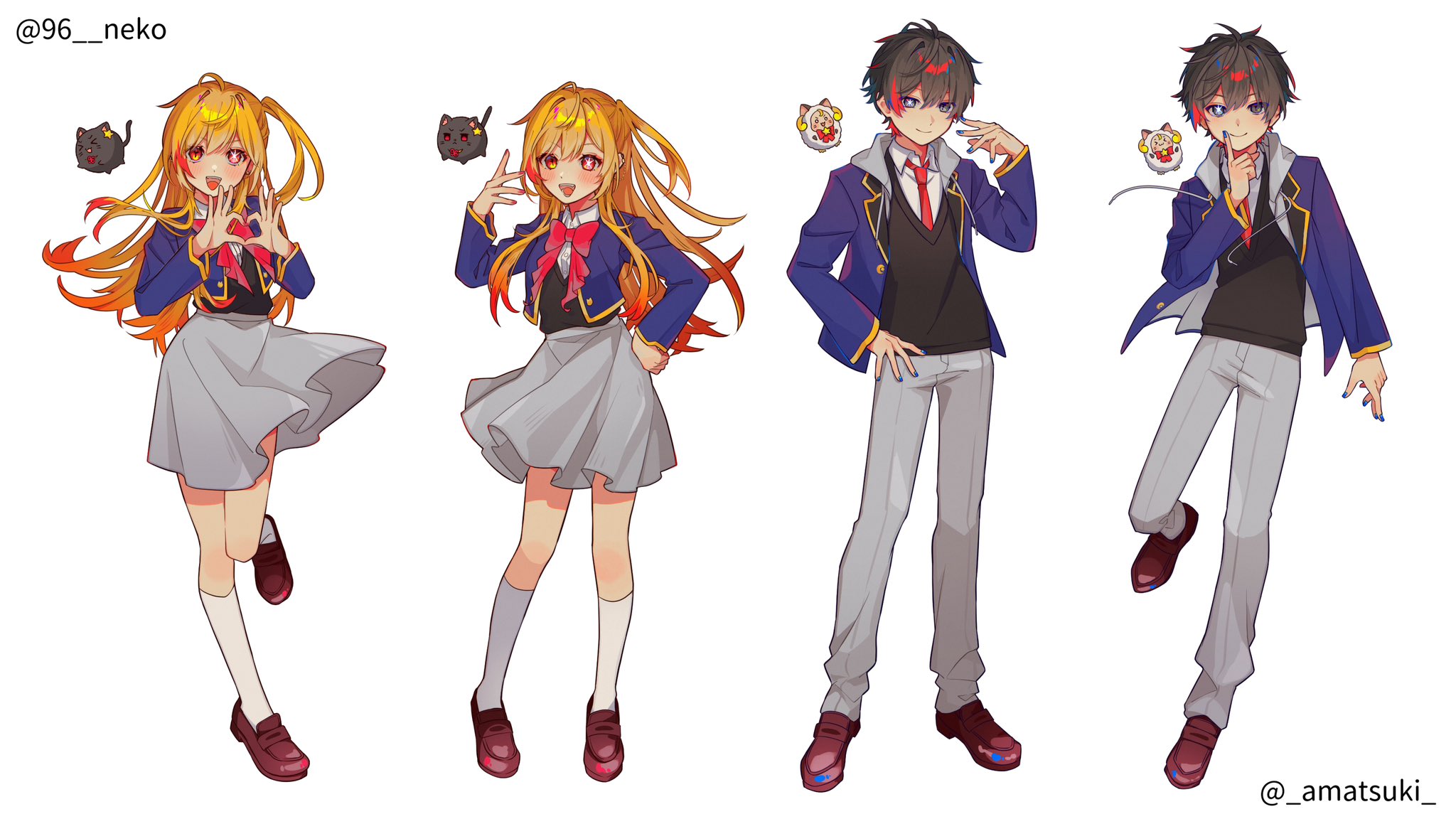 1boy 1girl 96neko amatsuki_(utaite) amenochi_hare androgynous blonde_hair blue_eyes blue_jacket bow bowtie brown_hair cosplay ear_piercing full_body grey_skirt hair_between_eyes highres hoshino_aquamarine hoshino_aquamarine_(cosplay) hoshino_ruby hoshino_ruby_(cosplay) indie_utaite jacket long_hair long_sleeves looking_at_viewer mismatched_pupils necktie niconico official_art one_side_up open_mouth oshi_no_ko piercing pink_bow pink_bowtie pink_eyes pose_imitation red_necktie school_uniform short_hair siblings skirt smile standing star-shaped_pupils star_(symbol) star_in_eye symbol-shaped_pupils symbol_in_eye utaite youtou_high_school_uniform