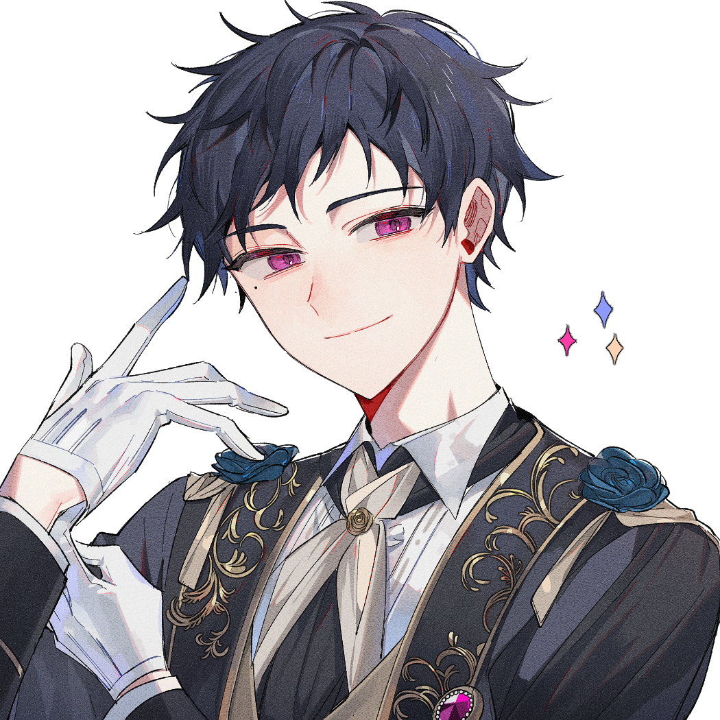 1boy adjusting_clothes adjusting_gloves anight blue_flower blue_hair ensemble_stars! flower fushimi_yuzuru gloves long_sleeves looking_at_viewer male_focus mole mole_under_eye neckerchief official_alternate_costume pink_eyes purple_brooch simple_background smile solo upper_body white_background white_gloves