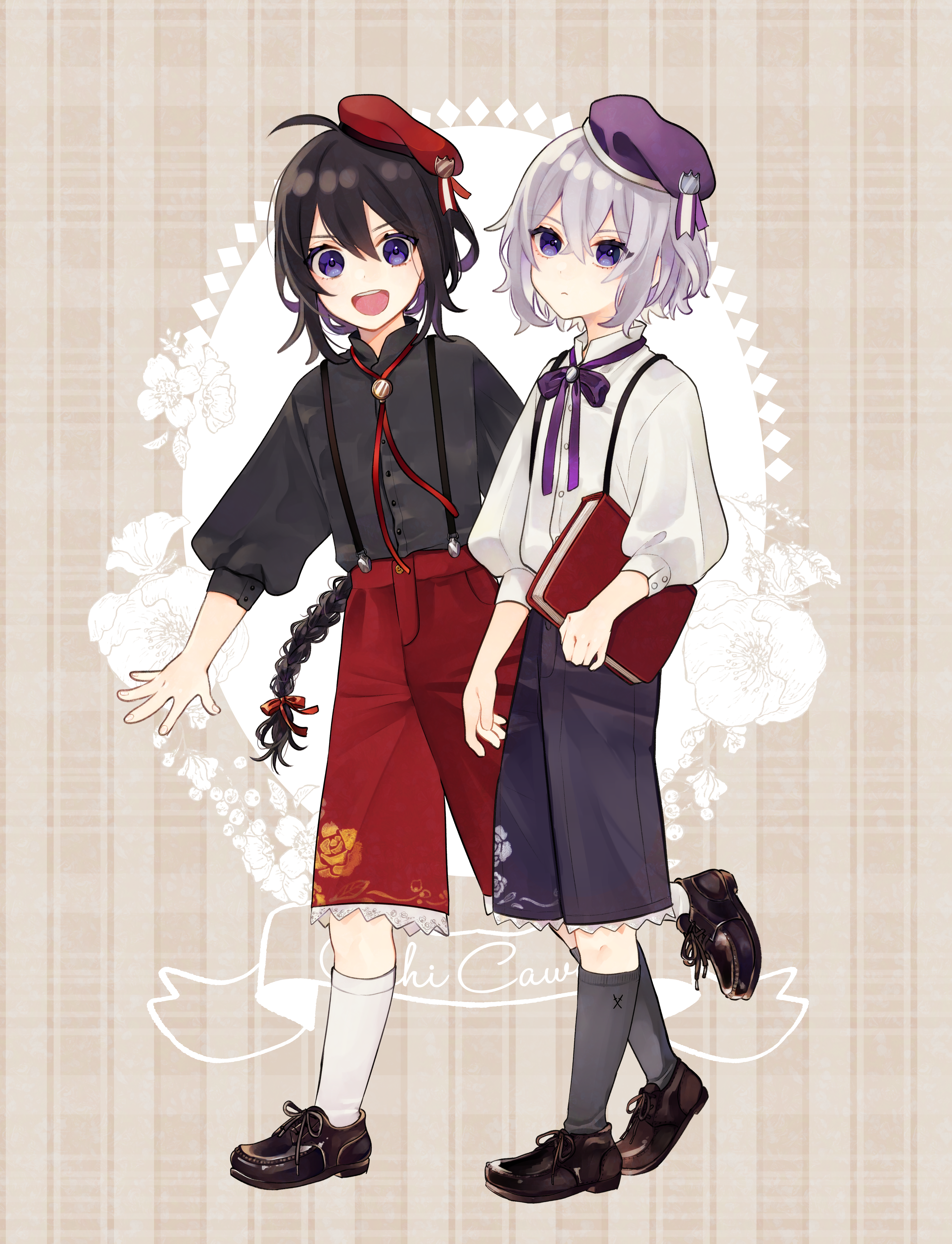 2boys :d absurdres aged_down ahoge alternate_hairstyle asuma_(hanezu) black_hair black_socks book braid child flower hat highres honebami_toushirou huge_filesize kneehighs long_sleeves male_focus multiple_boys namazuo_toushirou open_mouth puffy_long_sleeves puffy_sleeves purple_eyes shorts single_braid smile socks suspender_shorts suspenders touken_ranbu walking white_hair white_legwear
