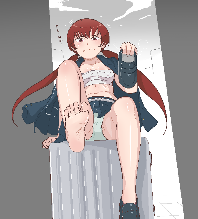 1girl barefoot chema feet light_blush loafers long_hair looking_at_viewer low_twintails musujime_awaki panties pantyshot red_eyes red_hair shoes soles steam toaru_majutsu_no_index toes twintails underwear unworn_shoes
