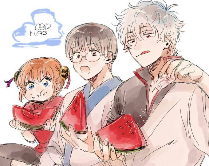 1girl 2boys blue_eyes chinese_clothes commentary_request eating food fruit gintama glasses holding holding_food holding_fruit holding_shaker holding_watermelon japanese_clothes kagura_(gintama) kimono licking_lips multiple_boys open_mouth orange_hair red_eyes sakata_gintoki se0h shimura_shinpachi tongue tongue_out watermelon watermelon_slice