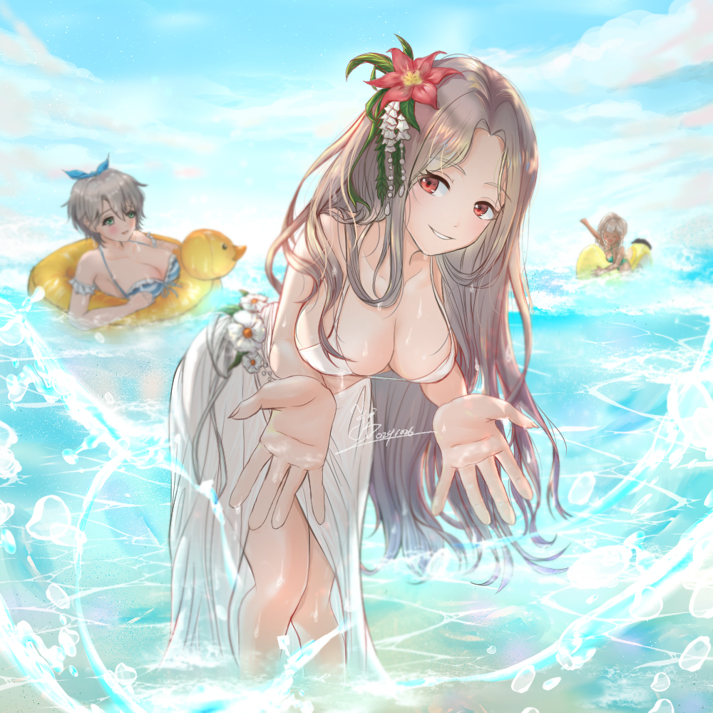 3girls arm_scrunchie armpits banana_boat bikini blue_bikini blue_eyes blue_ribbon blurry blurry_background breasts brown_dust_(series) brown_dust_2 cleavage dark-skinned_female dark_skin dated depth_of_field dollars0921 duck_innertube eyebrows_hidden_by_hair flower full_body green_bikini grey_hair hair_between_eyes hair_flower hair_ornament hair_ribbon large_breasts light_blush long_hair looking_at_viewer michaela_(brown_dust) multiple_girls nebris_(brown_dust_2) nebris_(laid-back_lifeguard)_(brown_dust_2) ocean open_mouth red_eyes ribbon sarong signature smile splashing swimsuit teeth teresse_(beachside_angel)_(brown_dust) teresse_(brown_dust) very_long_hair wet wet_clothes white_bikini white_hair white_sarong