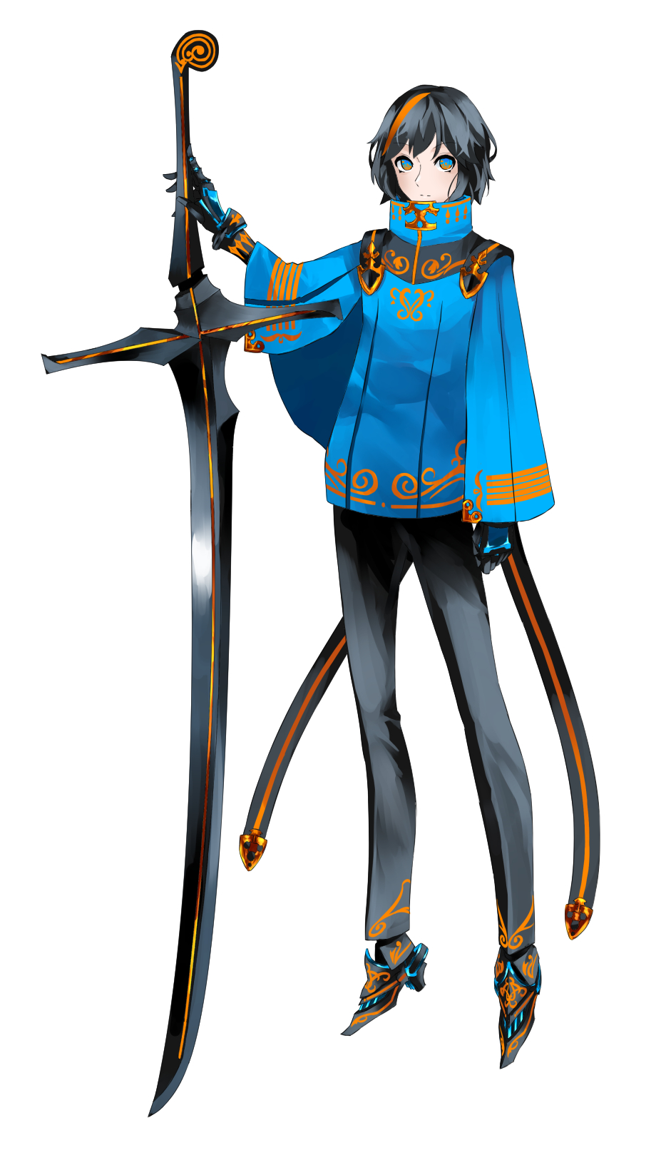 1boy bad_id bad_pixiv_id black_hair blue_eyes expressionless forte_(symbol) full_body gold_trim high_collar highres huge_weapon jacket looking_at_viewer male_focus mecha_danshi multicolored_eyes multicolored_hair orange_eyes orange_hair original prosthesis prosthetic_arm prosthetic_leg solo streaked_hair sword tsuki-shigure weapon white_background wide_sleeves