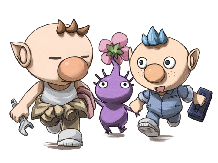 2boys alph_(pikmin) alternate_costume arm_up big_nose black_eyes blue_hair blue_jumpsuit brown_hair brown_jumpsuit clenched_hand closed_eyes closed_mouth collared_jumpsuit colored_skin flower freckles full_body happy holding holding_towel holding_wrench jumpsuit jumpsuit_partially_removed leg_up long_sleeves looking_at_another male_focus multiple_boys naru_(wish_field) nintendo no_mouth olimar open_mouth pikmin_(creature) pikmin_(series) pink_flower pocket pointy_ears purple_hair purple_pikmin purple_skin running shadow shoes short_hair simple_background sleeves_rolled_up smile sneakers tank_top toolbox towel very_short_hair white_background white_footwear white_tank_top wrench zipper zipper_pull_tab