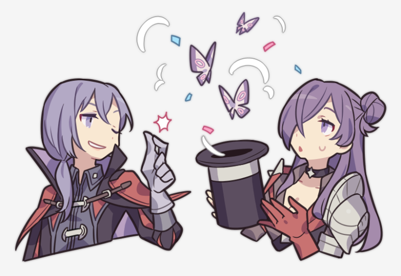 1boy 1girl :o black_choker breasts bug butterfly choker cleavage commentary_request cropped_torso female_shez_(fire_emblem) fire_emblem fire_emblem:_three_houses fire_emblem_warriors:_three_hopes haconeri hair_over_one_eye hat high_collar insect long_hair magic_trick medium_hair nintendo one_eye_closed purple_eyes purple_hair simple_background smile snapping_fingers sweat teeth top_hat white_background yuri_leclerc