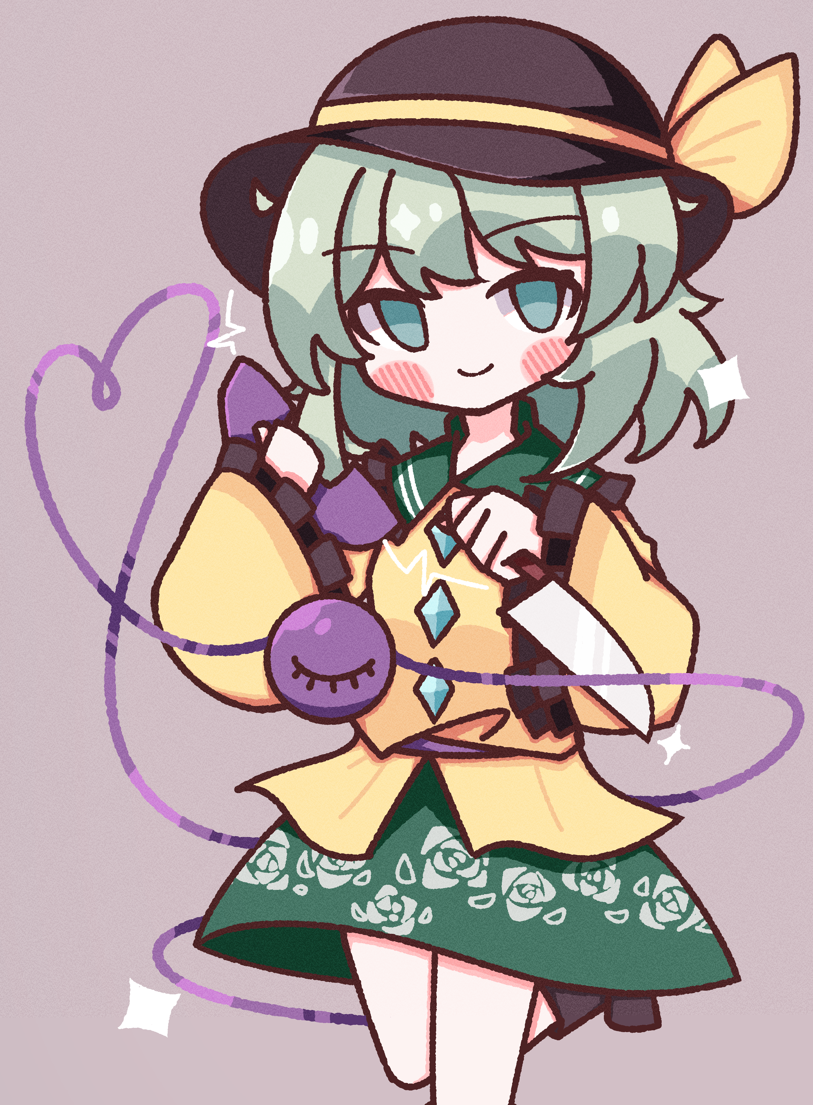 1girl absurdres black_hat blush bow buttons diamond_button floral_print frilled_shirt_collar frilled_sleeves frills green_eyes green_hair green_skirt hat hat_bow heart heart_of_string highres holding holding_knife holding_phone knife komeiji_koishi leg_up light_green_hair long_sleeves medium_hair phone rose_print shirt simple_background skirt sleeves_past_wrists smile solo sparkle standing standing_on_one_leg third_eye touhou waroemon weapon yellow_bow yellow_shirt